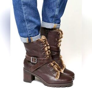 UGG Ingrid Stout Brown Leather Sheepskin Chunky Block Heel Boots Size 7.5 GUC